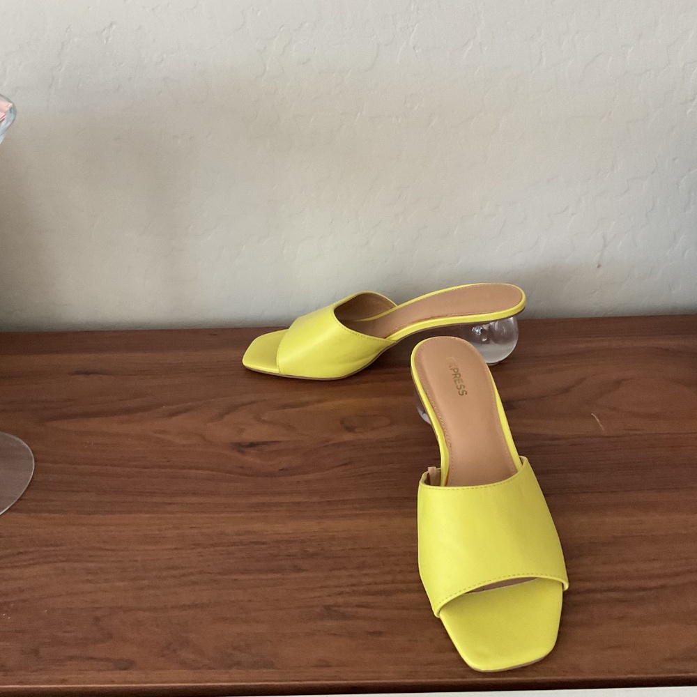 Express Yellow Leather Open-Toe Mule with Clear Ball Heel - Picture 2 of 5